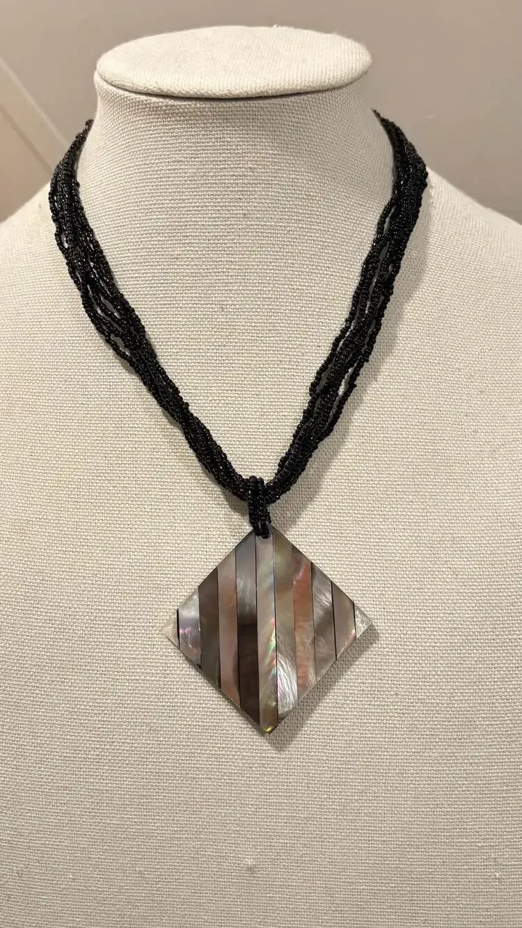 Vintage Multi-Strand Black Seed Necklace Inlaid Mother of Pearl